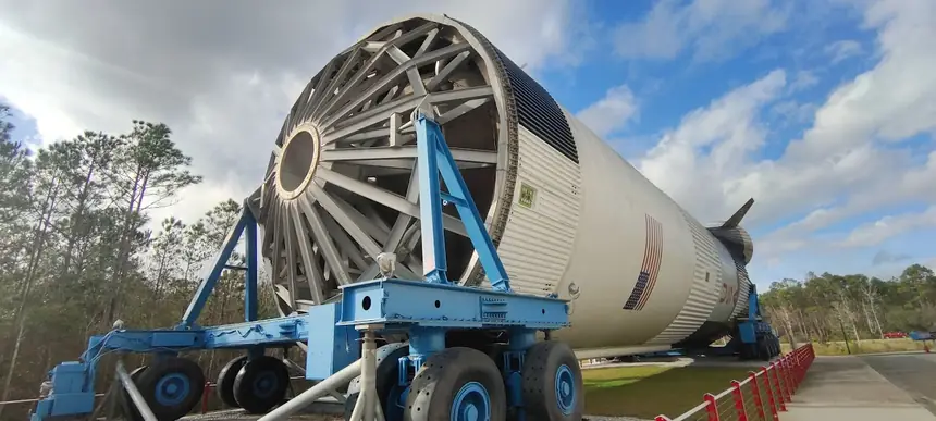 A rocket stage on display at NASA Stennis.